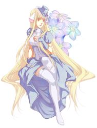 Rule 34 | 00s, 1girl, blonde hair, bridal gauntlets, brown eyes, chii, chobits, corset, dress, eflunn (emilylunn), expressionless, flower, full body, hat, highres, lace, long hair, looking away, mini hat, mini top hat, no shoes, puffy short sleeves, puffy sleeves, purple dress, robot ears, short sleeves, sitting, solo, thighhighs, top hat, very long hair, white background, white thighhighs