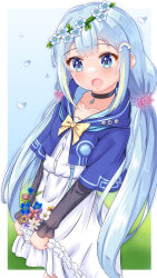 Rule 34 | 1girl, absurdres, amami ami, arada (corsair zero), blue eyes, blue hair, clothes lift, commission, dress, flat chest, flower, flower on head, hair ornament, highres, jacket, long hair, open mouth, prism project, ribbon, shirt, simple background, skirt, skirt lift, twintails, virtual youtuber