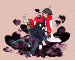 Rule 34 | 1boy, 1girl, :d, barefoot, blush, celty sturluson, couple, durarara!!, closed eyes, gime, headless, heart, hetero, hug, hug from behind, kishitani shinra, lab coat, open mouth, pinstripe pattern, scarf, shared clothes, shared scarf, slippers, smile, striped