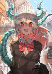 Rule 34 | 1girl, absurdres, black skirt, blush, bright pupils, collared shirt, day, dragon girl, dragon horns, dragon tail, earrings, fang, grey hair, hair ornament, hairclip, highres, horns, jewelry, katsu (katsupainter), long hair, long sleeves, looking at viewer, multicolored hair, open mouth, original, outdoors, pleated skirt, pointy ears, red eyes, red hair, shirt, skin fang, skirt, smile, tail, white pupils, white shirt