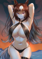 Rule 34 | 1girl, absurdres, animal ears, armpits, arms up, bikini, black bikini, blurry, blurry background, blush, breasts, brown hair, cleavage, commentary request, cowboy shot, ear ornament, hair between eyes, highres, horse ears, horse girl, horse tail, large breasts, long hair, multicolored hair, navel, outdoors, sirius symboli (umamusume), smile, solo, streaked hair, swimsuit, tail, thigh strap, tomoru (tomanvil 3), umamusume, very long hair, wet, wet clothes, wet swimsuit, white hair