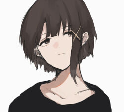 asymmetrical_hair black_shirt blunt_bangs brown_eyes brown_hair close-up collarbone commentary_request dot_nose expressionless hair_ornament iwakura_lain medium_hair pikuson serial_experiments_lain shirt simple_background single_sidelock upper_body white_background x_hair_ornament