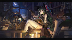 Rule 34 | 1girl, artist name, bird, black hat, blush, book, book stack, bookshelf, breasts, brown gloves, candle, cat, closed mouth, cross, cross earrings, crossed legs, earrings, globe, gloves, green hair, hat, highres, holding, holding wand, indoors, jewelry, ladder, large breasts, looking at viewer, night, original, parrot, red eyes, sitting, smile, solo, table, thighhighs, tracyton, wand, white thighhighs