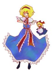 Rule 34 | 1girl, 24nora, alice margatroid, apron, belt, blonde hair, blue dress, capelet, doll, dress, female focus, flying, frills, green eyes, hairband, lowres, necktie, puppet strings, red necktie, shanghai doll, short hair, solo, standing, touhou, waist apron