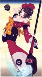 Rule 34 | 1girl, 5saiji, bare shoulders, black flower, black hair, blue eyes, bow, breasts, calligraphy brush, collarbone, fate/grand order, fate (series), flower, full body, hair flower, hair ornament, hairpin, highres, holding, holding paintbrush, ink, japanese clothes, katsushika hokusai (fate), kimono, medium breasts, obi, octopus, off shoulder, open clothes, open kimono, orange bow, paintbrush, red flower, sash, short hair, short sleeves, solo, standing, tokitarou (fate)