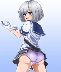 Rule 34 | 1girl, ass, blue background, blue eyes, carrying, clothes lift, cowboy shot, crotch seam, eyes visible through hair, from behind, frown, glove pull, gloves, gradient background, grey skirt, hair ornament, hair over one eye, hairclip, hamakaze (kancolle), highres, kantai collection, looking at viewer, looking back, miniskirt, motion lines, open mouth, panties, pleated skirt, polka dot, polka dot panties, purple panties, school uniform, serafuku, short hair, silver hair, single horizontal stripe, skirt, skirt lift, solo, standing, underwear, wardrobe malfunction, white gloves, zanntetu