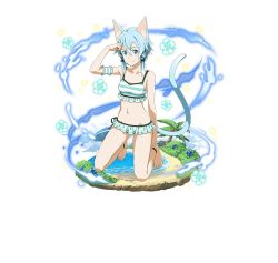 Rule 34 | 1girl, animal ears, anklet, arm strap, barefoot, bikini, black ribbon, blue eyes, blue flower, blue hair, breasts, cat ears, cat tail, collarbone, flower, frilled bikini, frills, full body, hair between eyes, hair ribbon, hibiscus, jewelry, kneeling, looking at viewer, navel, official art, palm tree, ribbon, short hair with long locks, sidelocks, simple background, sinon (sao-alo), small breasts, smile, solo, striped bikini, striped clothes, swimsuit, sword art online, sword art online: code register, tail, tree, white background