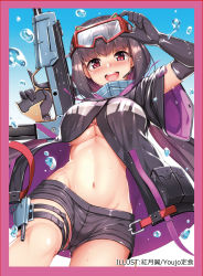 Rule 34 | 1girl, border, breasts, brown hair, coat, fate/grand order, fate (series), goggles, goggles on head, gun, highres, kouzuki tsubasa (musou kaidou), large breasts, low twintails, navel, osakabehime (fate), osakabehime (swimsuit archer) (fate), osakabehime (swimsuit archer) (first ascension) (fate), pink border, pink eyes, shorts, solo, trigger discipline, twintails, underboob, water drop, weapon