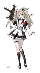 Rule 34 | 1girl, :d, absurdres, alternate costume, arm up, bear hair ornament, black footwear, blonde hair, boots, bow, breasts, cleavage, commentary request, cross-laced footwear, danganronpa: trigger happy havoc, danganronpa (series), enoshima junko, full body, grey background, gun, h&amp;k ump, hair ornament, highres, holding, holding gun, holding weapon, knee boots, lace-up boots, large breasts, long hair, machine gun, maid, maid headdress, necktie, open mouth, red bow, simple background, smile, solo, soyoong jun, teeth, twintails, upper teeth only, weapon