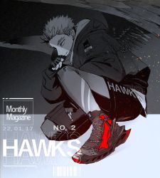 Rule 34 | 1boy, arm on thigh, boku no hero academia, character name, coat, cover, earrings, facial mark, feathered wings, fingerless gloves, foreground text, gloves, glowing, greyscale, gym shorts, hawks (boku no hero academia), high tops, highres, hood, hoodie, jewelry, logo parody, magazine cover, male focus, monochrome, nnx2 (hoev sr srnghae), on one knee, perspective, shirt under shirt, shoes, short hair, shorts, sneakers, solo, spot color, squatting, stud earrings, text focus, undercut, wings, winter clothes, winter coat