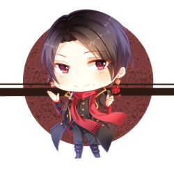 Rule 34 | 10s, 1boy, boots, brown hair, chibi, earrings, flower, full body, jewelry, kan (rainconan), kashuu kiyomitsu, long hair, looking at viewer, male focus, mole, mole under mouth, ponytail, red eyes, red scarf, rose, scarf, simple background, smile, solo, standing, touken ranbu, unmoving pattern, white background