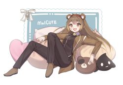 Rule 34 | 1girl, black jacket, black pants, blush, brown coat, brown eyes, brown footwear, brown hair, coat, hairband, jacket, library of ruina, long hair, looking at viewer, love mintchoco, malkuth (project moon), open mouth, pants, pillow, project moon, red hairband, shoes, simple background, smile, solo, sweat, very long hair, white background