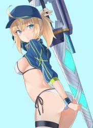 Rule 34 | 100, 100percent park, 1girl, ahoge, artoria pendragon (fate), ass, bikini, blonde hair, blue eyes, cropped jacket, fate/grand order, fate (series), hat, highres, looking back, mysterious heroine x (fate), mysterious heroine xx (fate), ponytail, side-tie bikini bottom, swimsuit, thigh strap, weapon