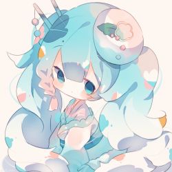 Rule 34 | 1girl, aqua hair, beige background, borrowed design, braid, chibi, chopsticks, commentary, dot mouth, expressionless, food-themed hair ornament, fuyuzuki gato, gradient hair, hair ornament, hatsune miku, highres, japanese clothes, kimono, long hair, looking at viewer, multicolored hair, open clothes, open kimono, pink hair, scallop, side braid, solo, standing, twintails, very long hair, vocaloid, wasabi, white hair, white kimono, yuki miku, yuki miku (2022) (candidate no.3)