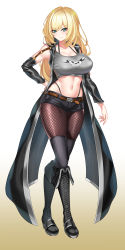 Rule 34 | 1girl, absurdres, armpits, bare shoulders, belt, black coat, black footwear, black shorts, blonde hair, boots, bra strap, breasts, brown thighhighs, cleavage, coat, commission, crop top, cross-laced footwear, crossed legs, detached sleeves, fishnet thighhighs, fishnets, full body, gradient background, green eyes, grey shirt, halterneck, hand on own hip, highleg, highres, knee boots, lace-up boots, large breasts, long hair, long sleeves, looking at viewer, micro shorts, midriff, navel, nez-box, open clothes, open coat, original, pantyhose, shirt, shorts, sleeveless, sleeveless shirt, smile, solo, standing, stomach, thighhighs, watson cross