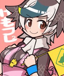 Rule 34 | apron, blush, brown eyes, doodle, dyed hair, flag, iriomote umineko, kemono friends, mulitcoloured hair, pink background, scarf, short hair, smile, spot-billed duck (kemono friends), whistle