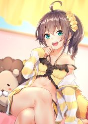 Rule 34 | 1girl, :d, absurdres, ahoge, aqua eyes, bare shoulders, breasts, brown hair, camisole, collarbone, crop top, crossed legs, ebi frion (natsuiro matsuri), frilled shirt, frills, hair ornament, hair scrunchie, hand up, highres, hololive, jacket, kitazume kumie, long hair, long sleeves, looking at viewer, micro shorts, midriff, natsuiro matsuri, natsuiro matsuri (matsuri&#039;s day off), navel, off shoulder, open clothes, open jacket, open mouth, orange shorts, scrunchie, shirt, short shorts, shorts, side ponytail, side slit, sidelocks, sitting, sleeveless, sleeveless shirt, small breasts, smile, solo, stomach, strap slip, striped clothes, striped jacket, stuffed animal, stuffed toy, thighs, virtual youtuber, yellow shirt