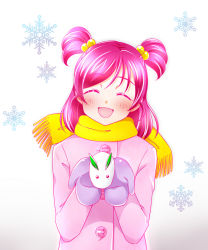 Rule 34 | 00s, 1girl, blush, closed eyes, hair ornament, kagami chihiro, mittens, open mouth, pink hair, precure, scarf, short hair, simple background, smile, snowflakes, solo, twintails, two side up, winter, winter clothes, yes! precure 5, yes! precure 5 gogo!, yumehara nozomi