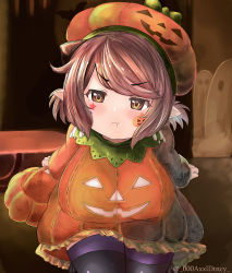 Rule 34 | 1girl, :t, alternate costume, annoyed, arms behind back, axxl dtncy, beret, blush, breasts, brown background, brown eyes, brown hair, cleavage cutout, clothing cutout, collar, collared dress, cowboy shot, draph, dress, frilled dress, frills, furrowed brow, granblue fantasy, green neckwear, halloween, halloween costume, hanging breasts, happy halloween, hat, highres, horns, jack-o&#039;-lantern, large breasts, leaning forward, long sleeves, medium hair, oppai loli, orange dress, orange theme, pointy ears, pout, pumpkin costume, pumpkin hat, purple thighhighs, ribbed dress, shortstack, signature, solo, star (symbol), sticker, striped clothes, striped thighhighs, swept bangs, thighhighs, trick or treat, yaia (granblue fantasy)