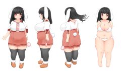 Rule 34 | 1girl, :&lt;, animal ears, bad id, bad pixiv id, black hair, blush, breasts, cleavage, dress, embarrassed, fat, highres, large breasts, meat day, multiple views, munimuni kinoko, navel, original, plump, puuchi (munimuni kinoko), rabbit ears, rabbit girl, rabbit tail, red eyes, smile, standing, tail, tareme, thick thighs, thigh gap, thighs, turnaround, underwear, underwear only
