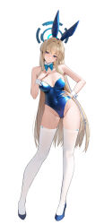 Rule 34 | 1girl, absurdres, animal ears, bare shoulders, blonde hair, blue archive, blue bow, blue eyes, blue hairband, blue leotard, bow, bowtie, braid, breasts, contrapposto, covered navel, detached collar, ear piercing, earpiece, fake animal ears, full body, groin, hairband, halo, hand on own hip, hand up, high heels, highleg, highleg leotard, highres, leotard, long hair, medium breasts, microphone, official alternate costume, official alternate hairstyle, piercing, playboy bunny, rabbit ears, shizuko hideyoshi, simple background, solo, standing, thighhighs, thighs, toki (blue archive), toki (bunny) (blue archive), very long hair, white background, white thighhighs, wrist cuffs