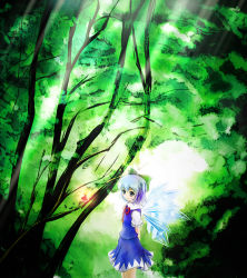 Rule 34 | blue hair, bow, cirno, forest, hair bow, hiromi (artist), nature, short hair, solo, touhou, touhou hisoutensoku