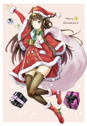 Rule 34 | 1girl, absurdres, ahoge, bell, bow, brown hair, brown thighhighs, capelet, christmas, double bun, dress, full body, fur trim, gift, green bow, hair bun, hairband, hat, headgear, highres, jingle bell, kantai collection, kasoke no tsubasa, kongou (kancolle), long hair, nontraditional miko, one eye closed, pink background, pom pom (clothes), purple eyes, red dress, red footwear, sack, santa costume, santa hat, simple background, smile, solo, thighhighs