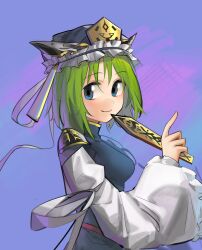 Rule 34 | 1girl, aesur a, blue background, blue eyes, breasts, closed mouth, commentary, epaulettes, frilled hat, frills, from side, green hair, hat, highres, holding, large breasts, long sleeves, looking at viewer, rod of remorse, shiki eiki, short hair, smile, solo, touhou, unfinished
