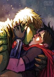 Rule 34 | 2boys, alien, backlighting, bad id, bad tumblr id, bara, black bodysuit, black hair, blonde hair, blush, bodysuit, cape, claws, closed eyes, colored skin, couple, cris art, ear piercing, embers, green skin, hand on another&#039;s cheek, hand on another&#039;s face, hulkling, interspecies, kiss, leaning on person, male focus, marvel, multiple boys, muscular, muscular male, piercing, red cape, short hair, sideburns, superhero costume, thick eyebrows, upper body, wiccan, yaoi