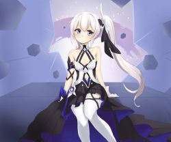 Rule 34 | 1girl, bare shoulders, black skirt, blue eyes, breasts, closed mouth, commentary, gloves, grey hair, hair between eyes, highres, honkai (series), honkai impact 3rd, klaius, long hair, long skirt, looking at viewer, ponytail, side ponytail, sitting, skirt, small breasts, solo, theresa apocalypse, theresa apocalypse (twilight paladin), thighhighs, two-sided fabric, two-sided skirt, vest, white gloves, white thighhighs