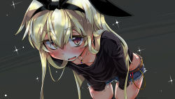 Rule 34 | 10s, 1girl, belt, bent over, black background, black ribbon, black thighhighs, blonde hair, blush, brown eyes, collarbone, colored eyelashes, downblouse, flat chest, grey sweater, hair between eyes, hair ribbon, highres, jewelry, kantai collection, long hair, looking at viewer, narumiya (narumiya), necklace, nipples, nose blush, open mouth, ribbed sweater, ribbon, shimakaze (kancolle), short shorts, shorts, sleeves past wrists, solo, sparkle, sweater, thighhighs, twitter username, very long hair