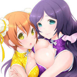 Rule 34 | 10s, 2girls, bad id, bad pixiv id, blush, breast press, breasts, bun cover, china dress, chinese clothes, cleavage, double bun, dress, green eyes, hair bun, hizuki akira, hoshizora rin, large breasts, long hair, looking at viewer, love live!, love live! school idol festival, love live! school idol project, multiple girls, open mouth, orange hair, purple hair, short hair, simple background, smile, symmetrical docking, tojo nozomi, twintails, white background, yellow eyes