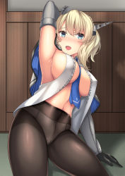 Rule 34 | 1girl, absurdres, arm up, armpits, between breasts, blonde hair, blue eyes, blush, braid, breasts, colorado (kancolle), covered erect nipples, elbow gloves, french braid, garrison cap, gloves, grey gloves, grey hat, hair between eyes, hat, highres, holding, holding clothes, indoors, kantai collection, large breasts, looking at viewer, navel, necktie, necktie between breasts, no bra, open mouth, pantyhose, sideboob, solo, sweat, zhou yu (ppaaqz1995)