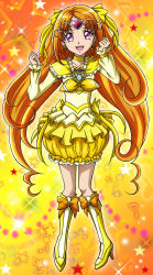 Rule 34 | 10s, 1girl, boots, bow, brooch, bubble skirt, choker, circlet, cure muse, cure muse (yellow), dress, frills, hair ribbon, hanzou, heart, high heels, jewelry, knee boots, long hair, magical girl, musical note, orange hair, precure, purple eyes, quaver, ribbon, shirabe ako, skirt, smile, solo, suite precure, yellow background, yellow bow, yellow dress, yellow skirt