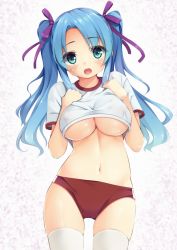 Rule 34 | 1girl, :o, arms at sides, blue hair, blush, breasts, buruma, cleavage, covered erect nipples, cowboy shot, green eyes, gym uniform, hair ribbon, hands on own chest, hands up, hip focus, large breasts, long hair, looking at viewer, navel, neko neko koneko, open mouth, original, purple ribbon, ribbon, see-through, smile, solo, teeth, thighhighs, thighs, twintails, underboob, wavy hair, white thighhighs
