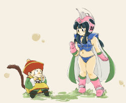 Rule 34 | 1boy, 1girl, age difference, aged down, armor, baby, bikini, bikini armor, black hair, blue bikini, blue hair, boots, cape, chi-chi (dragon ball), chinese clothes, dragon ball, gloves, green cape, hat, helmet, hime cut, mother and son, pink gloves, pink headwear, son gohan, swimsuit, tail, time paradox