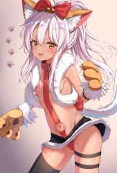 Rule 34 | 1girl, absurdres, animal ear fluff, animal ears, animal hands, bad id, bad pixiv id, bare shoulders, bell, belt, belt buckle, black skirt, black thighhighs, bow, breasts, brown background, brown eyes, brown gloves, buckle, chloe von einzbern, commentary request, dark-skinned female, dark skin, fang, fate/kaleid liner prisma illya, fate (series), fur-trimmed gloves, fur-trimmed skirt, fur trim, gloves, gradient background, groin, hair bell, hair between eyes, hair bow, hair ornament, highres, jingle bell, long hair, looking at viewer, navel, o-ring, open mouth, panties, paw gloves, paw print, paw print background, pink hair, red belt, red bow, red panties, single thighhigh, skindentation, skirt, small breasts, solo, thigh strap, thighhighs, underwear, v-shaped eyebrows, xue lu