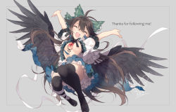 Rule 34 | 1girl, :d, ^ ^, arms up, bird wings, black hair, black thighhighs, black wings, blouse, bow, breasts, closed eyes, full body, green bow, grey background, hair between eyes, hair bow, leg ribbon, open clothes, open mouth, outstretched arms, reiuji utsuho, ribbon, shirt, short sleeves, signature, simple background, smile, solo, starry sky print, thighhighs, third eye, touhou, toutenkou, white ribbon, white shirt, wings