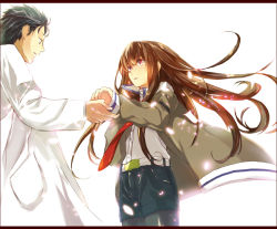 Rule 34 | 1boy, 1girl, belt, black hair, brown hair, collared shirt, cowboy shot, denim, denim shorts, facial hair, jacket, lab coat, letterboxed, long hair, looking at another, makise kurisu, off shoulder, okabe rintarou, open mouth, outstretched hand, pantyhose, pantyhose under shorts, petals, red eyes, shirt, short hair, shorts, simple background, steins;gate, stubble, sunege, white background, wind