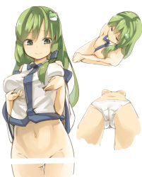 Rule 34 | 1girl, bad id, bad pixiv id, bar censor, blush, bottomless, breast hold, breasts, censored, character sheet, crop top, detached collar, detached sleeves, frog hair ornament, from above, from below, green eyes, green hair, hair ornament, hair tubes, highres, kochiya sanae, long hair, long sleeves, looking down, midriff, muchi maro, multiple persona, navel, necktie, nipples, nude, panties, simple background, smile, stomach, touhou, underwear, underwear only, white background, white panties, wide sleeves