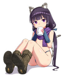 Rule 34 | 1girl, animal ears, ass, bare arms, bare shoulders, blue gloves, blue panties, blue scarf, blush, boots, brown footwear, cat ears, cat tail, character request, coffee cup, commentary request, copyright request, cup, disposable cup, flat chest, gloves, hair ribbon, long hair, looking at viewer, panties, ponytail, purple eyes, ribbon, scarf, solo, tail, underwear, zaxwu