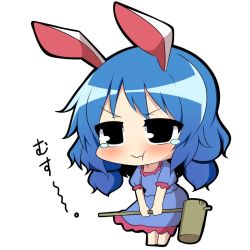 Rule 34 | 1girl, animal ears, blue dress, blue hair, rabbit ears, crying, dress, long hair, mallet, pout, puffy sleeves, red eyes, seiran (touhou), short sleeves, solo, touhou, twumi