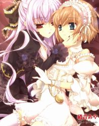 Rule 34 | 2girls, astarte (epitaph), brown hair, epitaph, hand on another&#039;s cheek, hand on another&#039;s face, highres, lolita fashion, multiple girls, pocket watch, purple hair, shouoto aya, towa (epitaph), watch, yuri