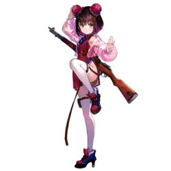 Rule 34 | 1girl, black hair, boots, brown hair, china dress, chinese clothes, closed mouth, crane stance, double bun, dress, fighting stance, full body, girls&#039; frontline, green eyes, gun, gun on back, hair bun, high heel boots, high heels, highres, jacket, kung fu, looking at viewer, martial arts, multicolored hair, official alternate costume, official art, red dress, see-through, see-through jacket, short hair, simple background, skindentation, solo, standing, standing on one leg, thighhighs, third-party source, transparent background, type 4 (crane&#039;s poise) (girls&#039; frontline), type 4 (girls&#039; frontline), type 4 rifle, weapon, weapon on back, white thighhighs