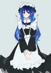 Rule 34 | 1girl, alternate costume, apron, arknights, black dress, black halo, black wings, blue eyes, blue hair, cowboy shot, dark halo, demon horns, detached wings, dress, energy wings, enmaided, grey background, halo, highres, horns, long hair, looking at viewer, maid, maid headdress, mostima (arknights), own hands together, simple background, smile, solo, white apron, wings, yingyingyingtazhide