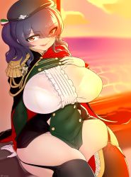 Rule 34 | 1girl, aiguillette, azur lane, bra visible through clothes, breasts, center frills, cloak, dress, flag print, framed breasts, frills, haku hakujou daimaou, highres, italian flag, large breasts, looking at viewer, pola (azur lane), purple hair, red eyes, ribbon, skindentation, smile, solo, taut clothes, taut dress, two-tone cape, wide hips