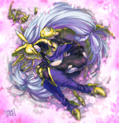 Rule 34 | 1girl, animal ears, armor, belt, black belt, black bodysuit, bodysuit, breastplate, breasts, broken, broken weapon, cherry blossoms, closed mouth, commentary request, covered eyes, cracked mask, detached sleeves, digimon, digimon (creature), falling petals, fox mask, full body, gloves, high heels, holding, holding staff, knee pads, large breasts, long hair, low-tied long hair, low twintails, lying, mask, oden (odenzzi), on side, petals, purple sleeves, sakuyamon, shoulder armor, signature, solo, staff, stirrup legwear, toeless legwear, torn bodysuit, torn clothes, twintails, very long hair, weapon, white hair, yellow armor, yellow footwear, yin yang, yin yang print