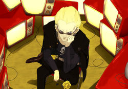 Rule 34 | 1boy, atlus, blonde hair, bullet, earrings, flower, from above, glasses, hand on own face, jacket, jacket on shoulders, jewelry, jolly roger, crossed legs, long sleeves, male focus, matsutake (nodamiki), necklace, nose piercing, pants, persona, persona 4, piercing, rose, scar, shoes, short hair, sitting, skull and crossbones, solo, sunglasses, tatsumi kanji, television