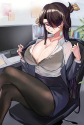 Rule 34 | 1girl, absurdres, beidou (genshin impact), black bra, black pantyhose, bra, breasts, brown hair, chair, cleavage, commentary request, contemporary, crossed legs, earrings, eyepatch, feet out of frame, formal, genshin impact, hair ornament, hair over one eye, highres, huge breasts, jewelry, knees together feet apart, large breasts, looking at viewer, loooyd, monitor, office, office chair, office lady, pantyhose, parted bangs, pen, red eyes, see-through, see-through shirt, shirt tucked in, sitting, solo, sticky note, suit, swivel chair, tassel, tassel earrings, thighs, underwear