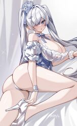 1girl absurdres ass blue_eyes bra breasts cinderella_(glass_princess)_(nikke) cinderella_(nikke) cleavage crown dress glass_slipper goddess_of_victory:_nikke grey_hair highres huge_breasts long_hair lying mini_crown nobako official_alternate_costume on_side panties see-through_clothes see-through_dress see-through_footwear solo twintails underwear white_bra white_dress white_panties